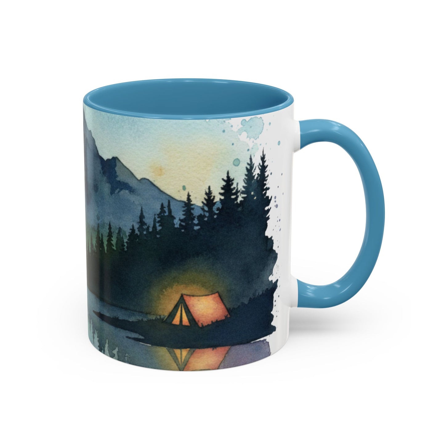 Mountain Lake Camping Accent Coffee Mug — Watercolor Outdoors Travel Mug (11/15oz)