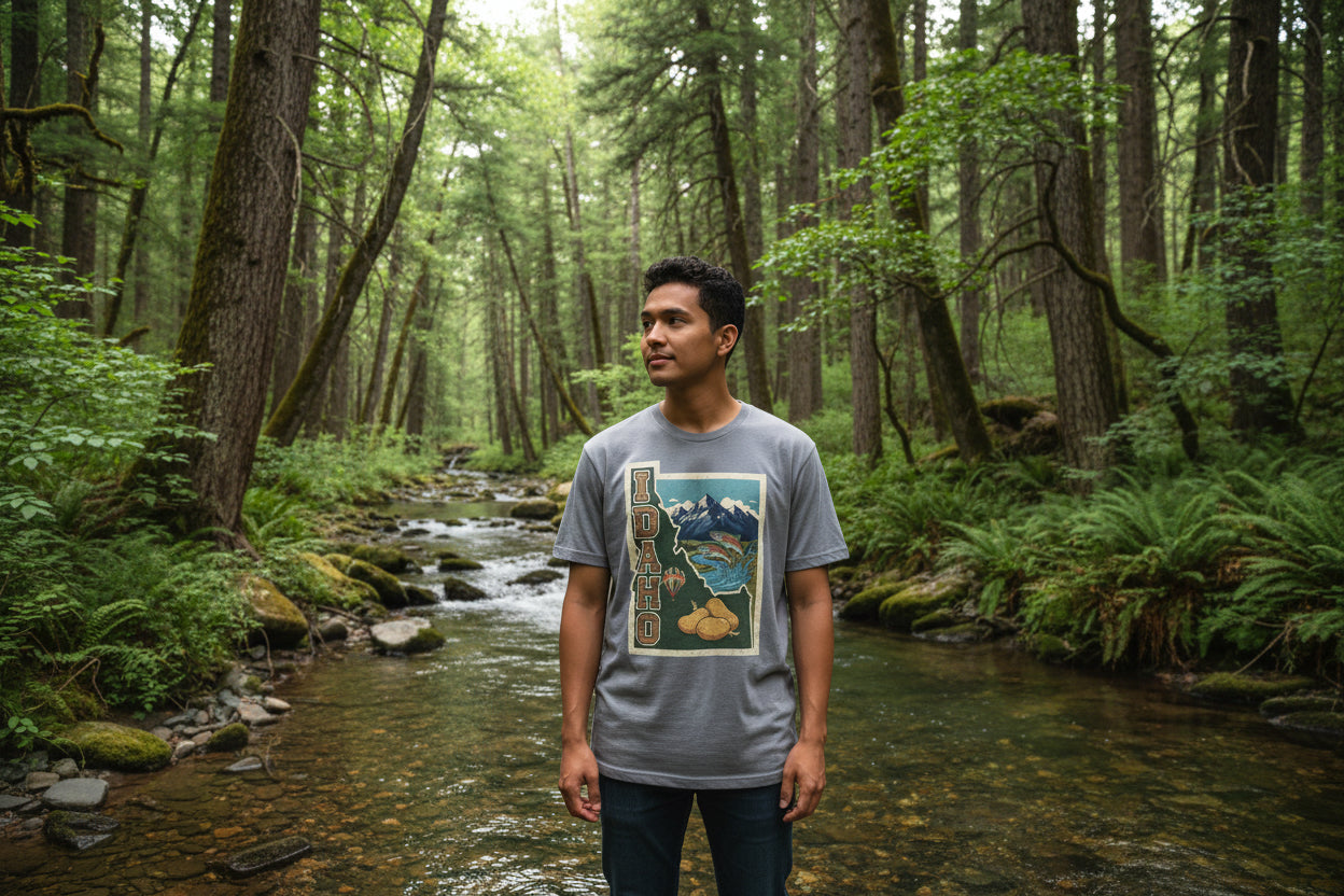 Idaho State Tee featuring a minimalist scenic mountain and potato graphic. A premium heather grey travel t-shirt from Camp & Comfort for Idaho explorers.