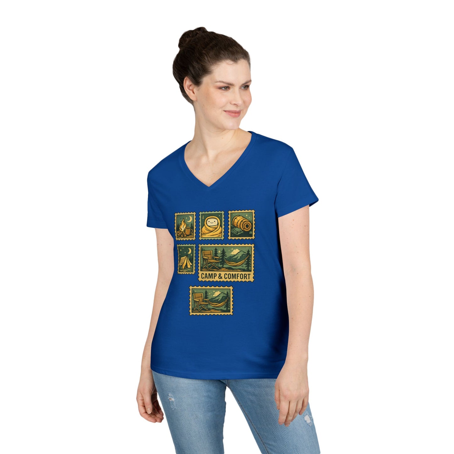 Camp & Comfort Women's V-Neck Tee — Retro Camping Patch Graphic