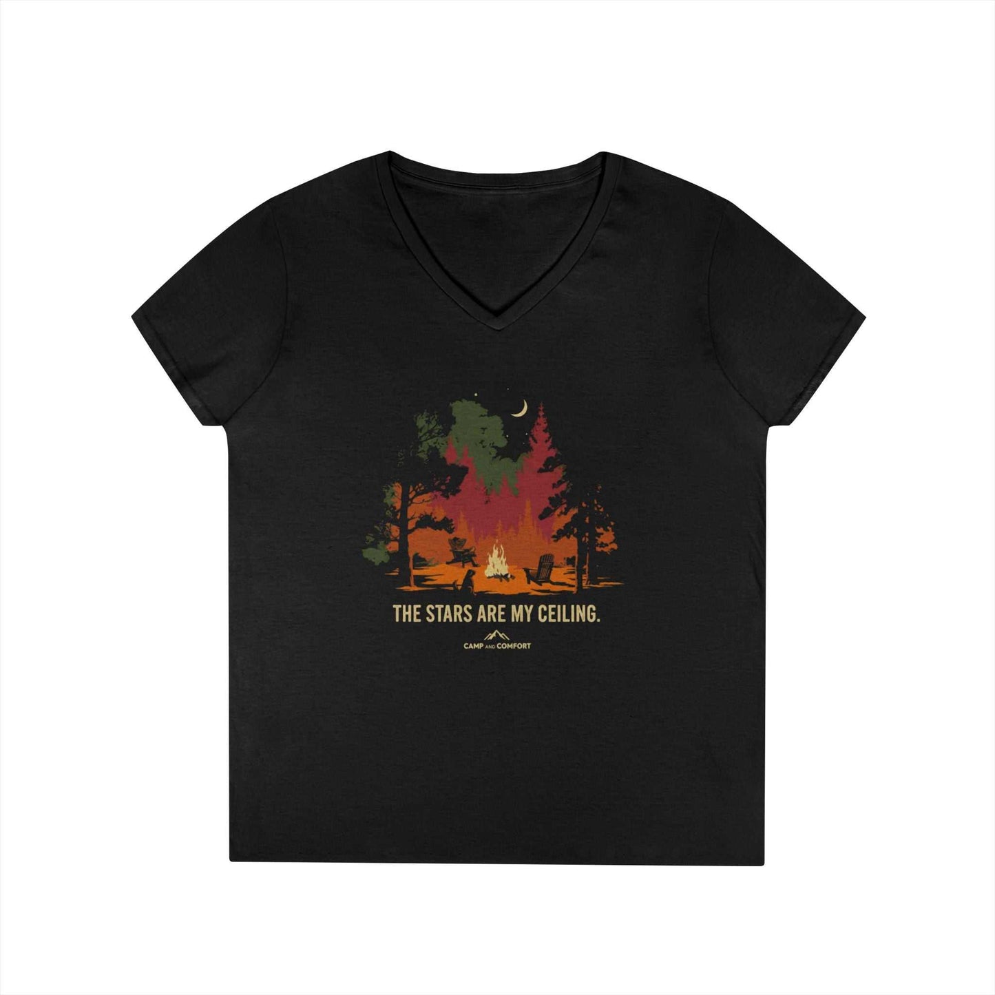 Campfire V-Neck T-Shirt with pine silhouettes, crescent moon, campfire glow, and "The stars are my ceiling" text design