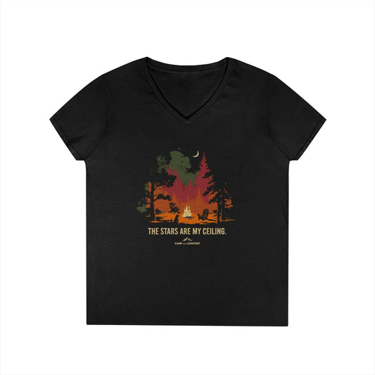 Campfire V-Neck T-Shirt with pine silhouettes, crescent moon, campfire glow, and "The stars are my ceiling" text design