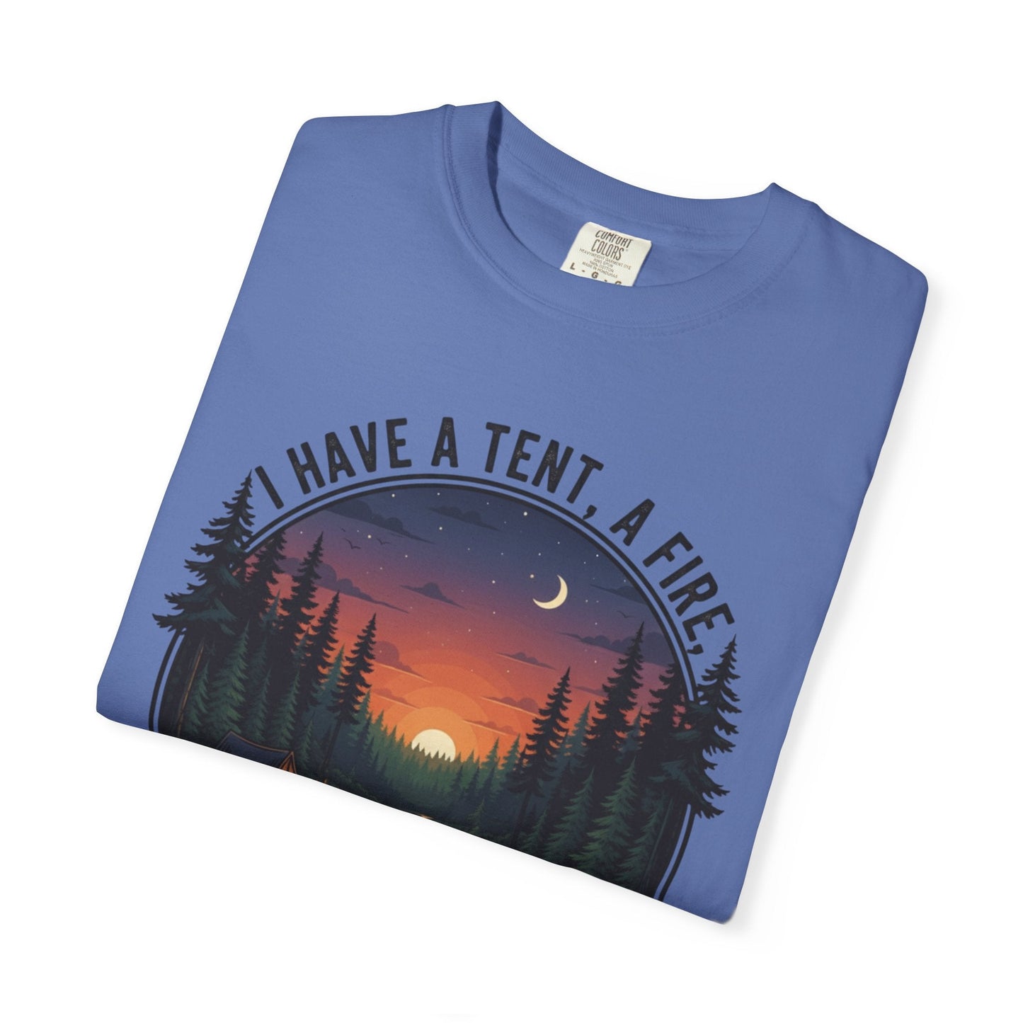 The I have a tent a fire and a bad sense of direction T-Shirt featuring funny text and a minimalist campfire graphic on a soft cotton tee.