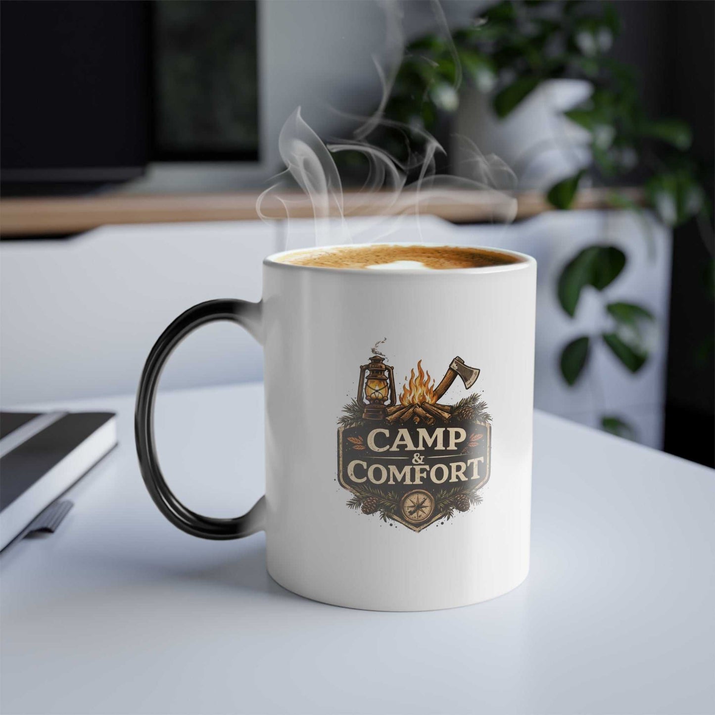 "The Color-Changing Coffee Mug | Rustic Bear Forest Design (11 oz) shown in mid-transformation, revealing a bear and forest graphic as hot coffee is poured in."