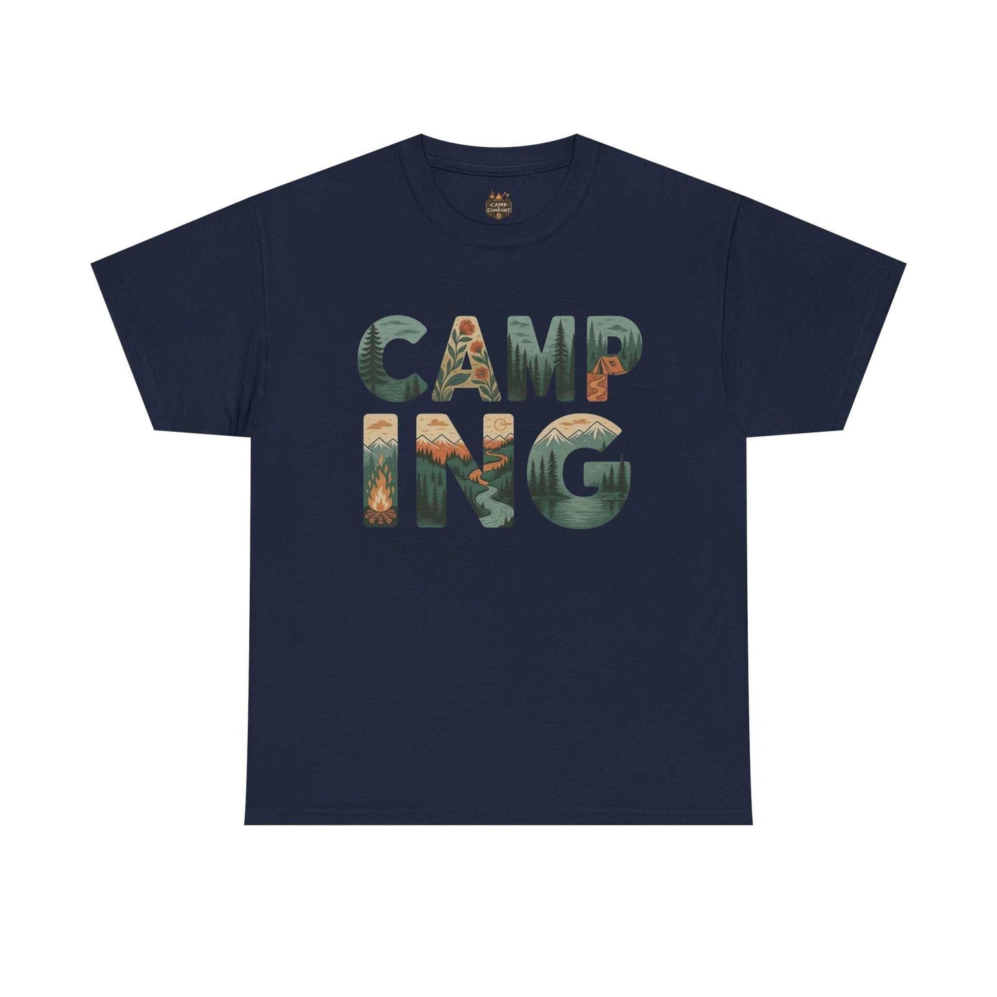 "The Camping Typography Tee Outdoor Nature Graphic Shirt in a soft heathered fabric, featuring a clean, rustic typography design with mountain and forest elements."