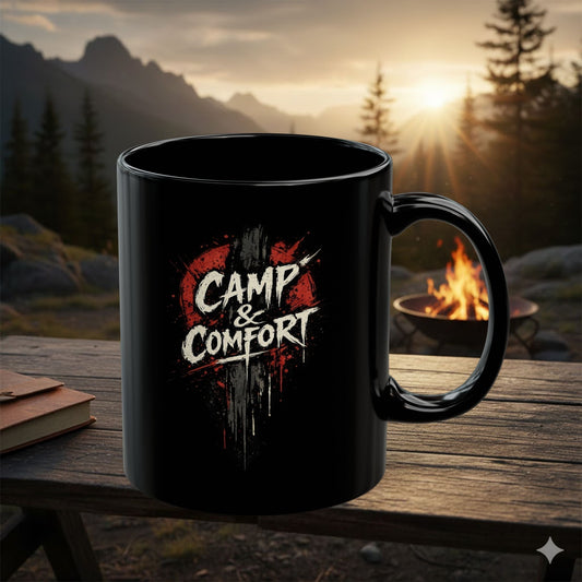 Black ceramic Camp & Comfort Splatter Mug Official Sweepstakes with red and white graphic, microwave and dishwasher safe.
