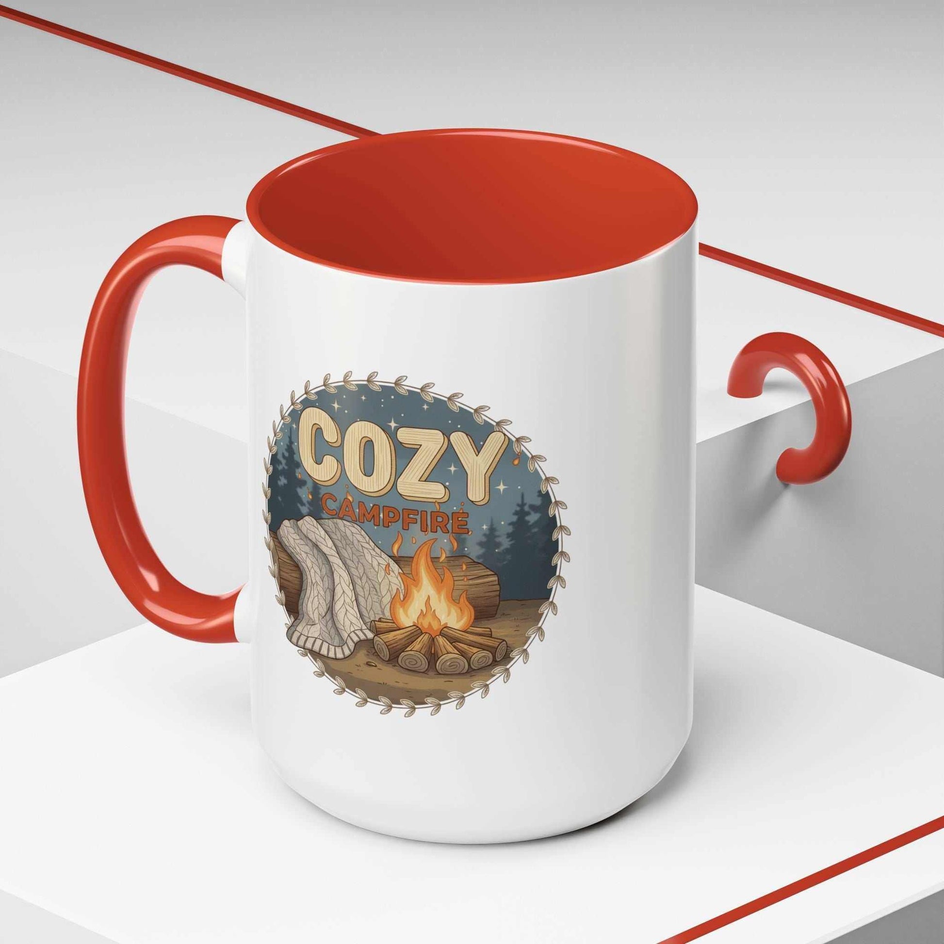 Cozy Campfire Coffee Mug with speckled ceramic finish and black rim on a camping trail