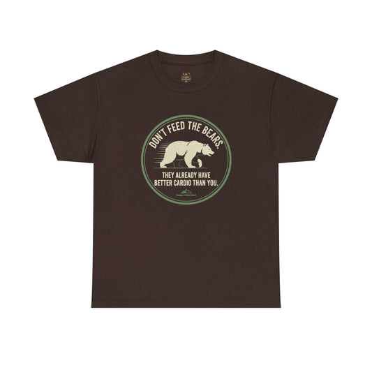 "A soft, olive green Don't Feed the Bear T-Shirt Funny Camping Hiking tee featuring a vintage-style bear graphic and bold text."