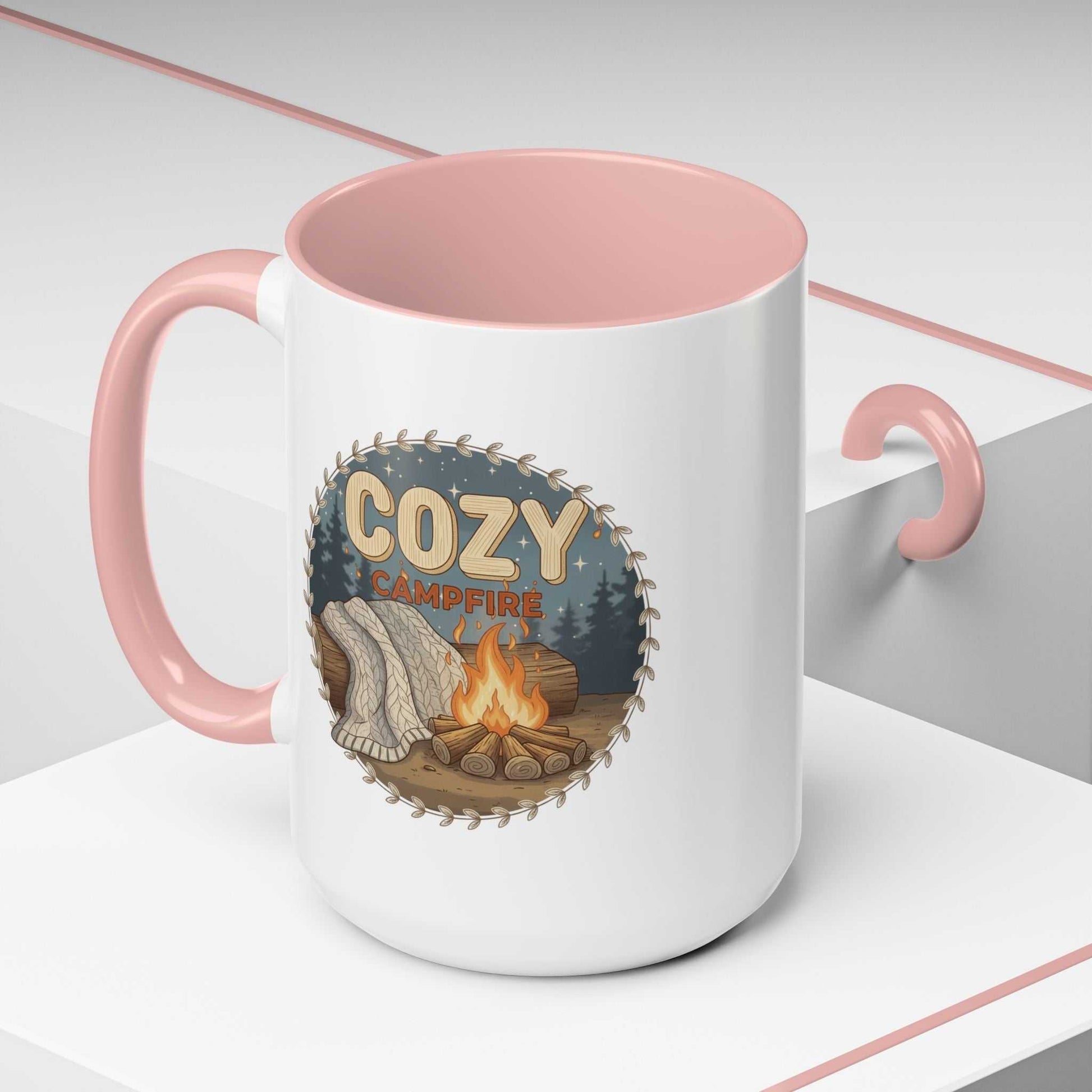 Cozy Campfire Coffee Mug with rugged ceramic finish and black rim for outdoor adventures
