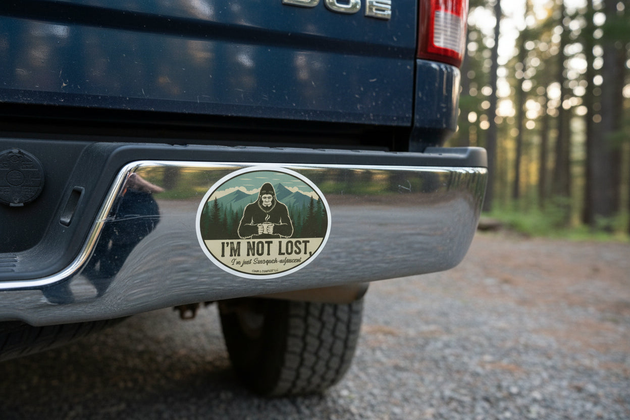 Bigfoot "I'm Not Lost" Magnet on fridge with funny Sasquatch design