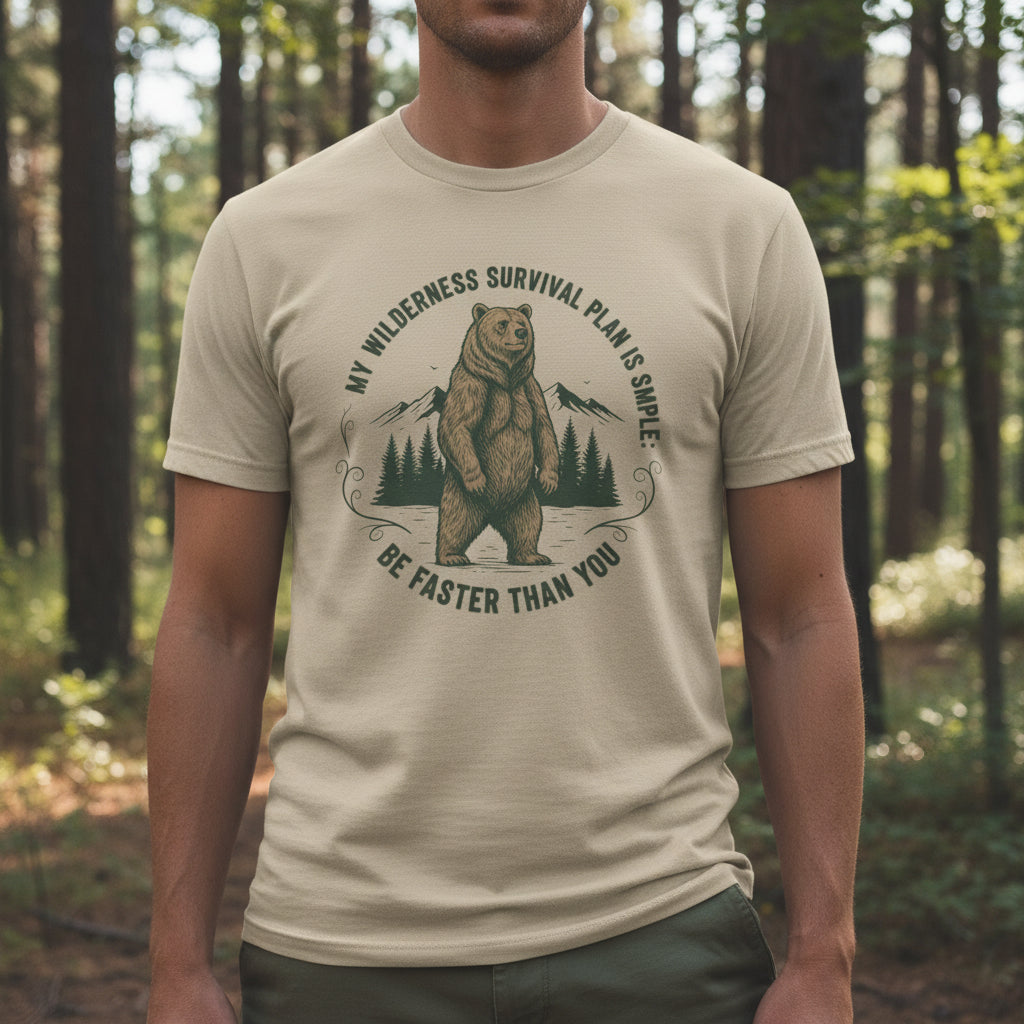 Wilderness Survival Plan t-shirt with funny bear hiking joke and breathable fabric for camping