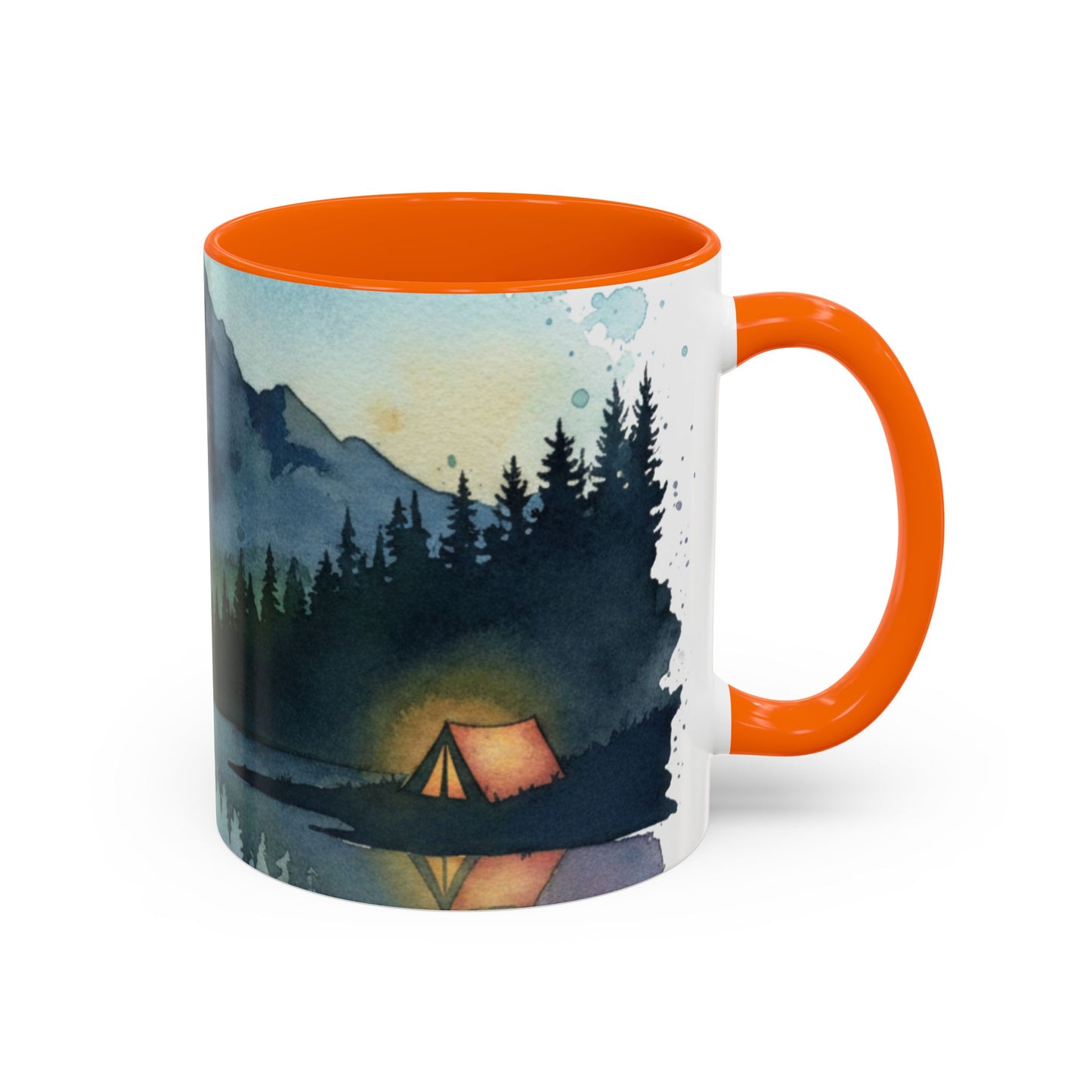 Mountain Lake Camping Accent Coffee Mug — Watercolor Outdoors Travel Mug (11/15oz)