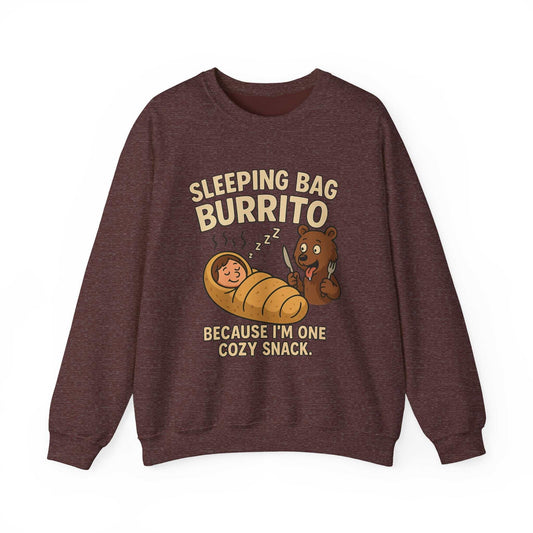 Cozy Burrito Crewneck Sweatshirt with funny sleeping bag burrito design on soft fabric