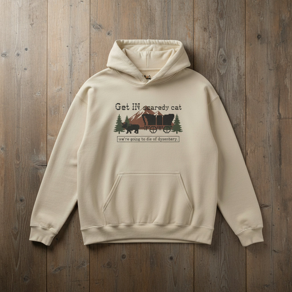 Retro Oregon Trail Dysentery Graphic Pullover with Scaredy Cat wagon design in sand color and pastel accents