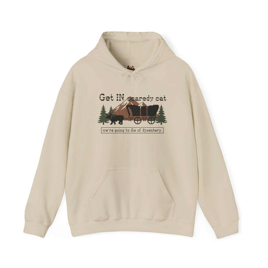 Get In Scaredy Cat wagon hoodie with forest cat illustration inspired by Oregon Trail