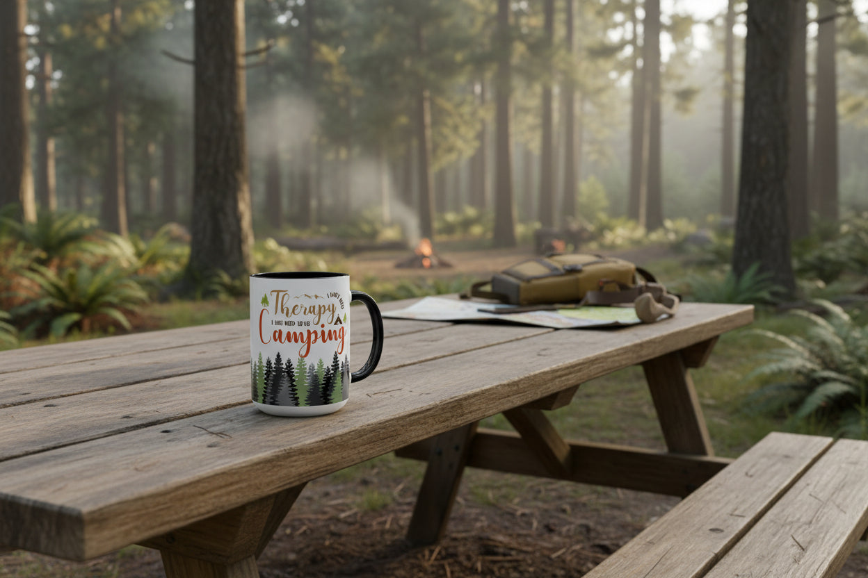 I Don't Need Therapy I Just Need To Go Camping Mug enamel camping mug with white finish and fade-resistant design