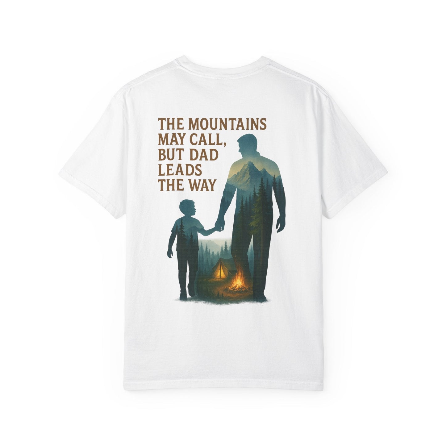 Unisex Adventure Dad T-shirt with campfire design, soft garment-dyed cotton, perfect Father's Day outdoors shirt
