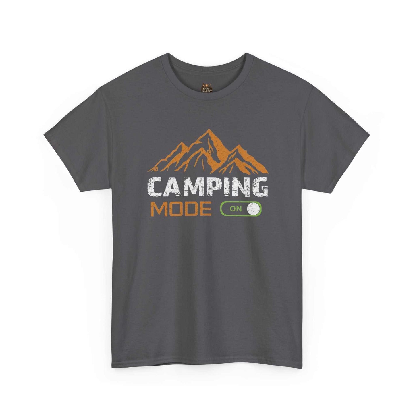"The Camping Mode On T-Shirt | Mountain Graphic Outdoor Adventure Shirt featuring a rustic mountain peak design on a soft, high-quality fabric."