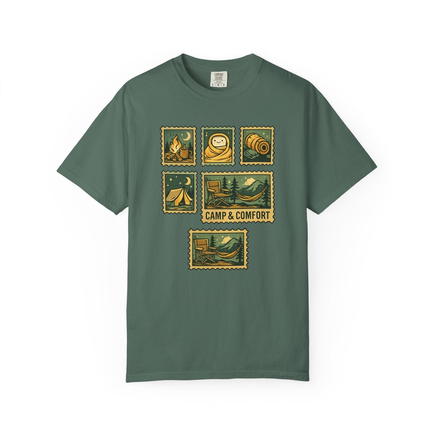 "The Camp & Comfort camping stamps T-Shirt Vintage Outdoors Design featuring a collection of retro-style camping stamps on a high-quality cotton tee."