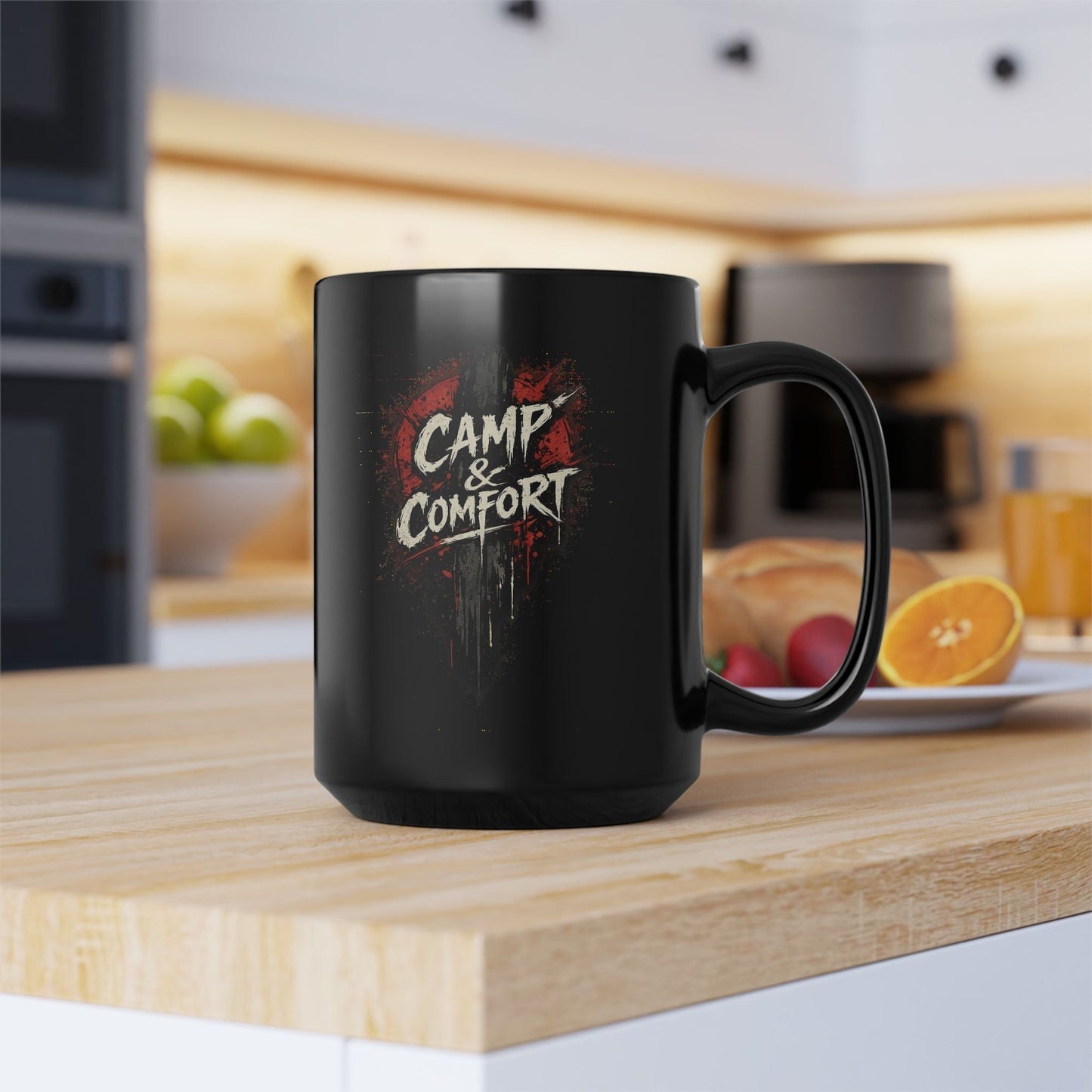 "The Camp & Comfort Splatter Mug Official Sweepstakes prize, featuring a black ceramic finish with a red and white distressed 'splatter' logo design."
