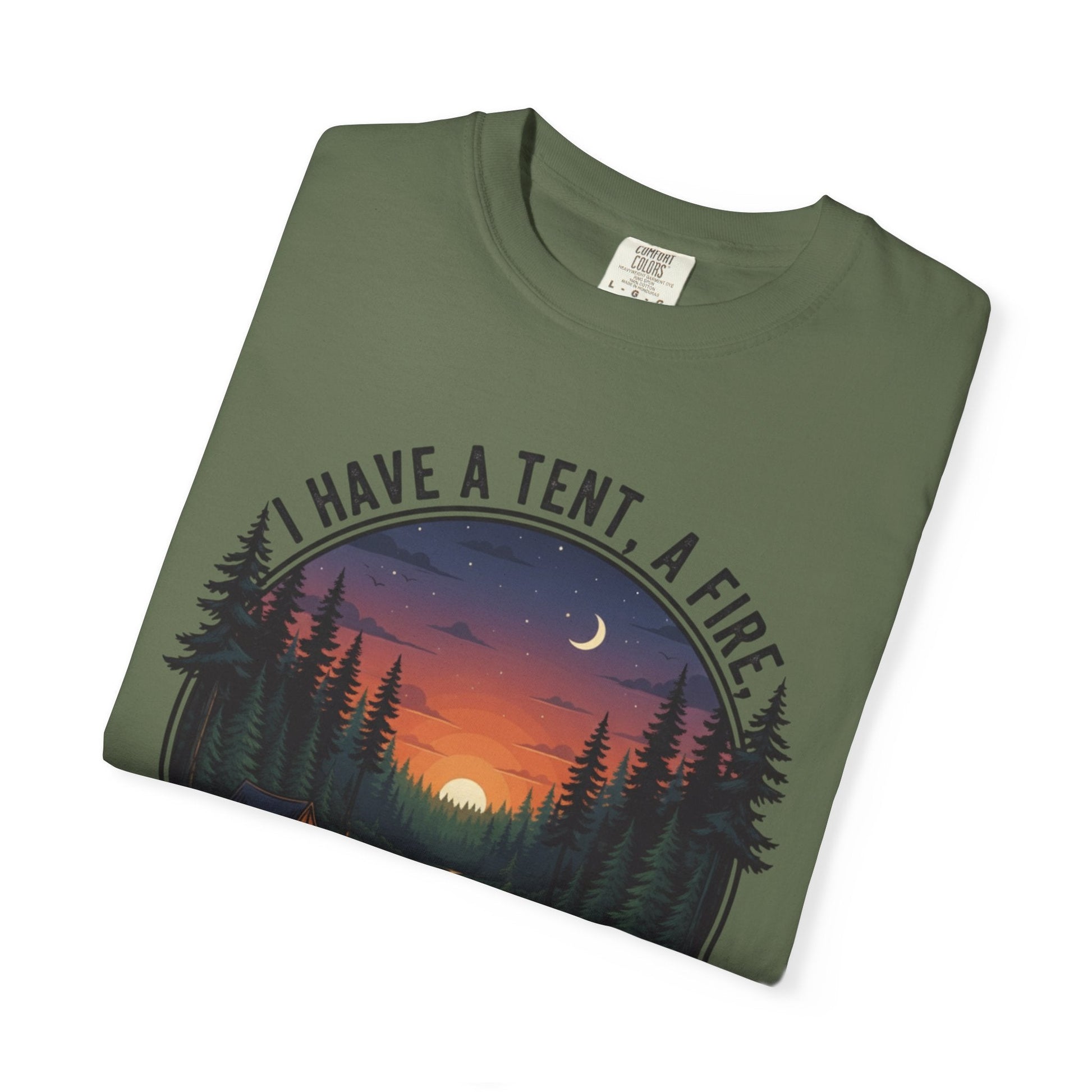 The I have a tent a fire and a bad sense of direction T-Shirt featuring funny text and a minimalist campfire graphic on a soft cotton tee.