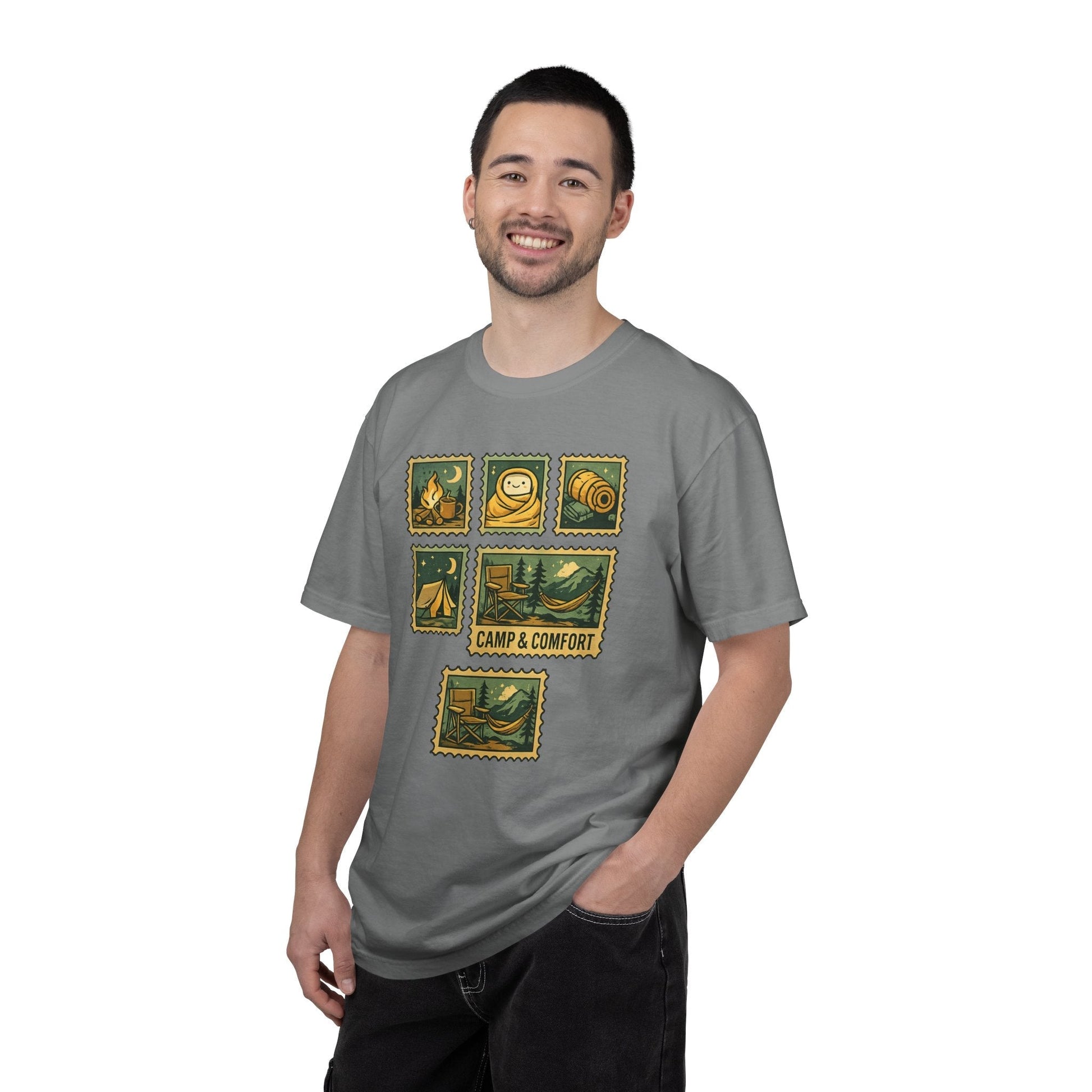 "The Camp & Comfort camping stamps T-Shirt Vintage Outdoors Design featuring a collection of retro-style camping stamps on a high-quality cotton tee."