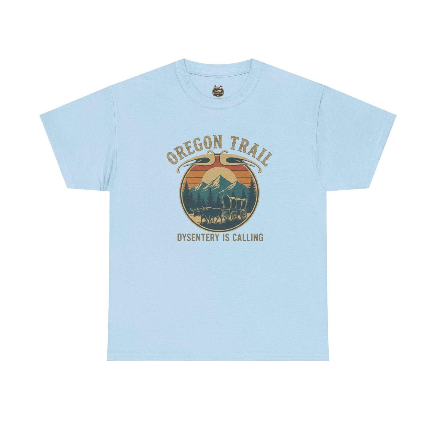 "The Oregon Trail Vintage Sunset Wagon Tee Dysentery Is Calling featuring a retro pixel-art wagon on a soft, high-quality t-shirt."