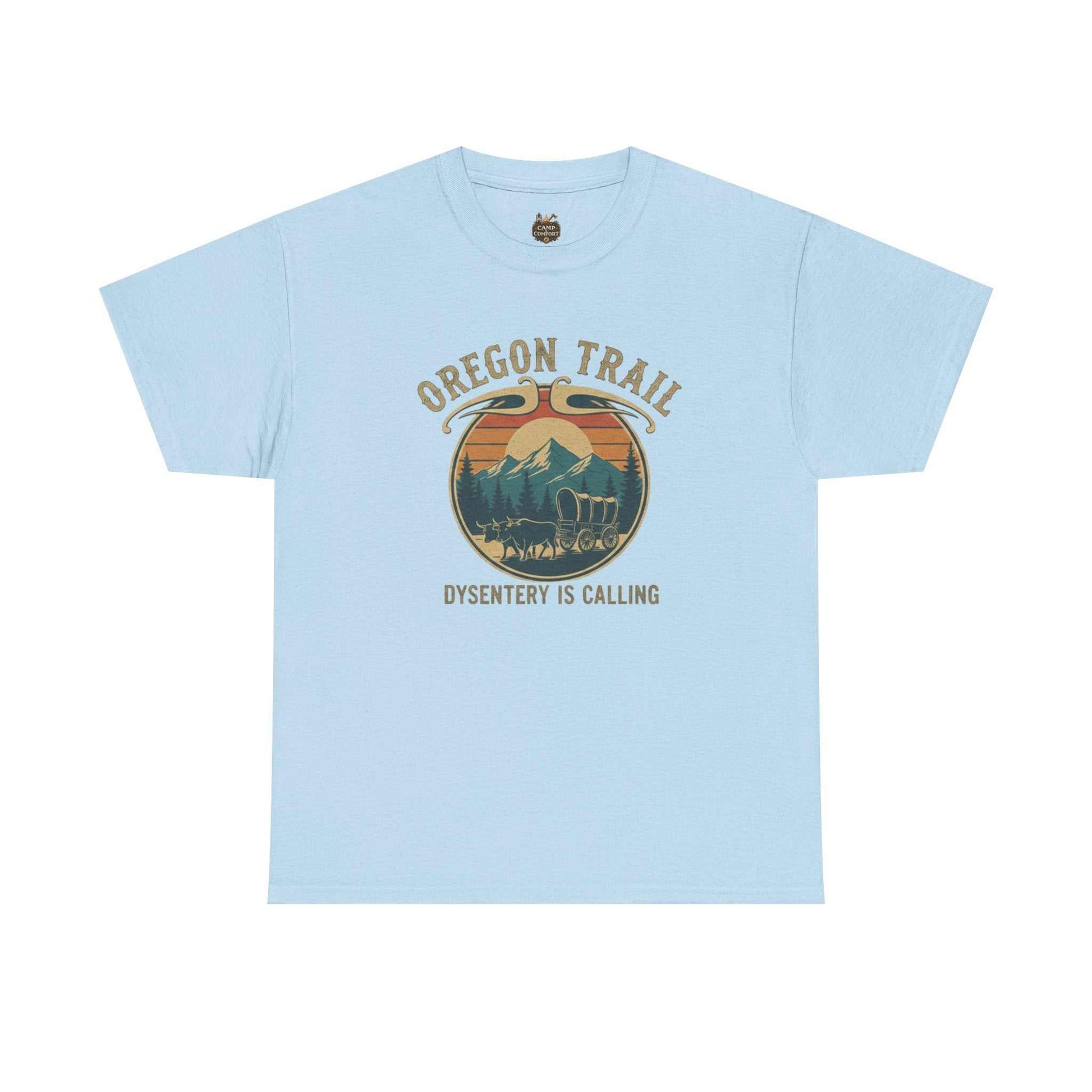 "The Oregon Trail Vintage Sunset Wagon Tee Dysentery Is Calling featuring a retro pixel-art wagon on a soft, high-quality t-shirt."