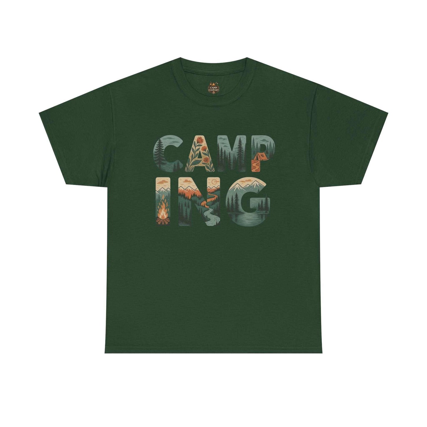 "The Camping Typography Tee Outdoor Nature Graphic Shirt in a soft heathered fabric, featuring a clean, rustic typography design with mountain and forest elements."