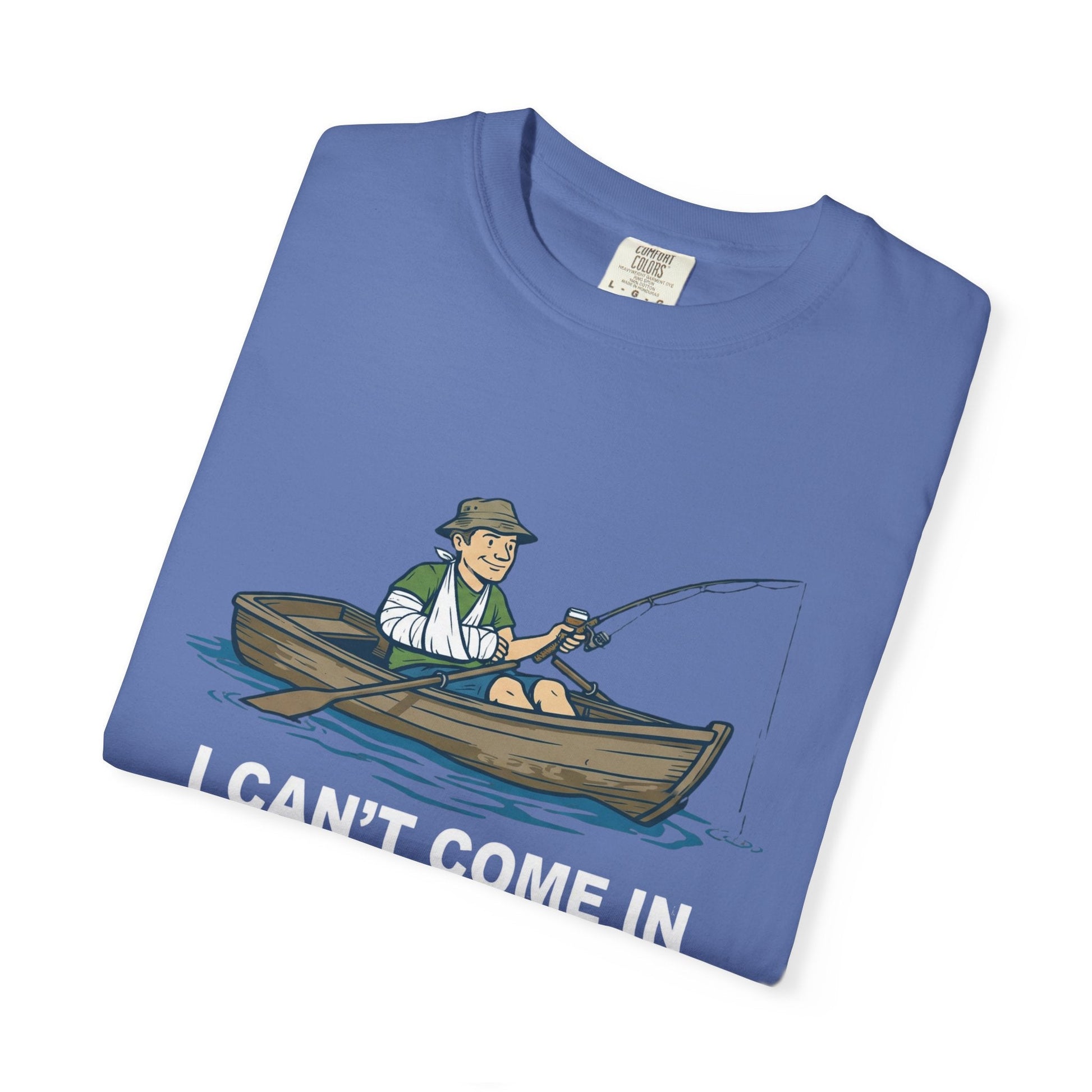 "The I Can't Come In To Work Today My Arm's In A Cast T-Shirt featuring a funny fisherman graphic on a soft cotton tee."