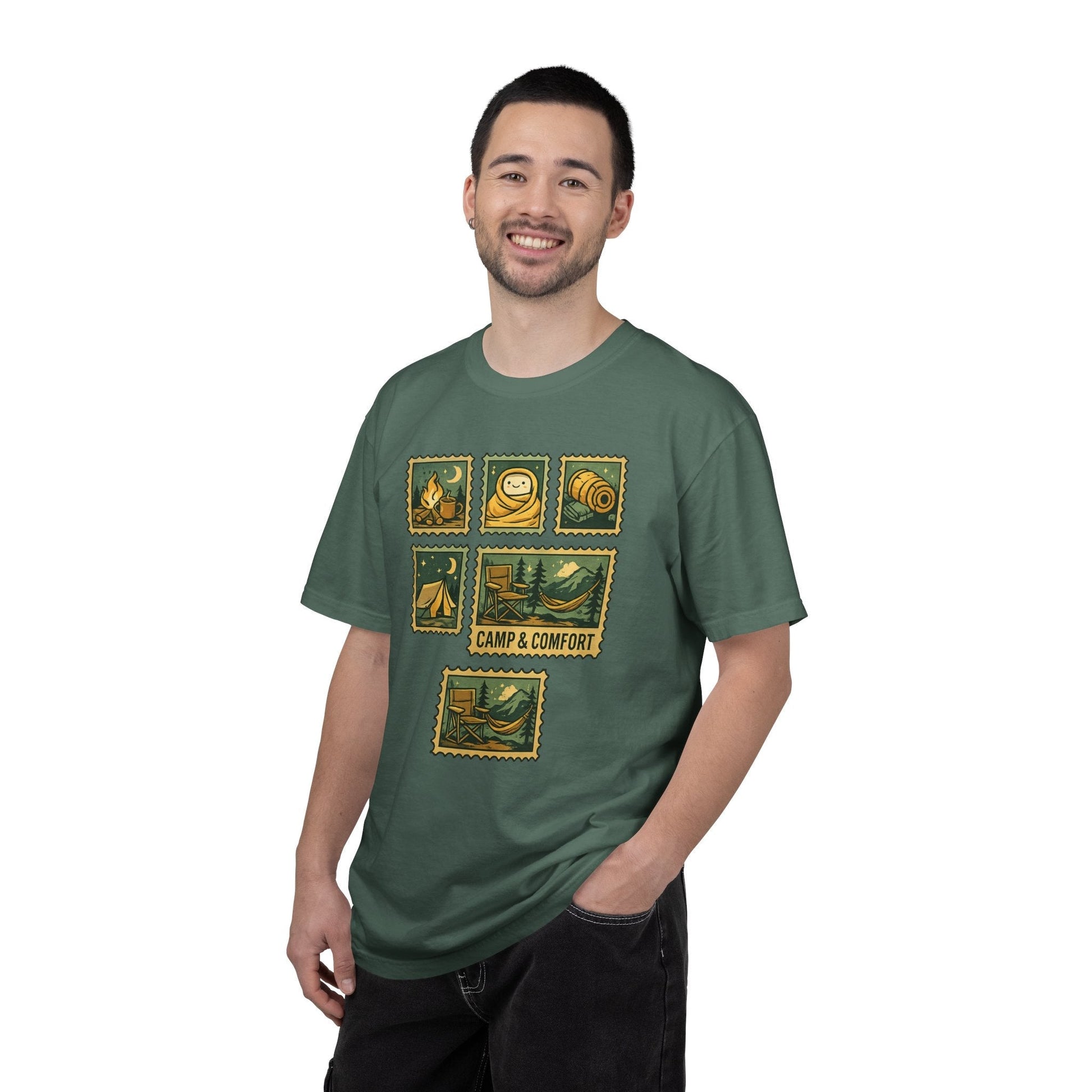 "The Camp & Comfort camping stamps T-Shirt Vintage Outdoors Design featuring a collection of retro-style camping stamps on a high-quality cotton tee."