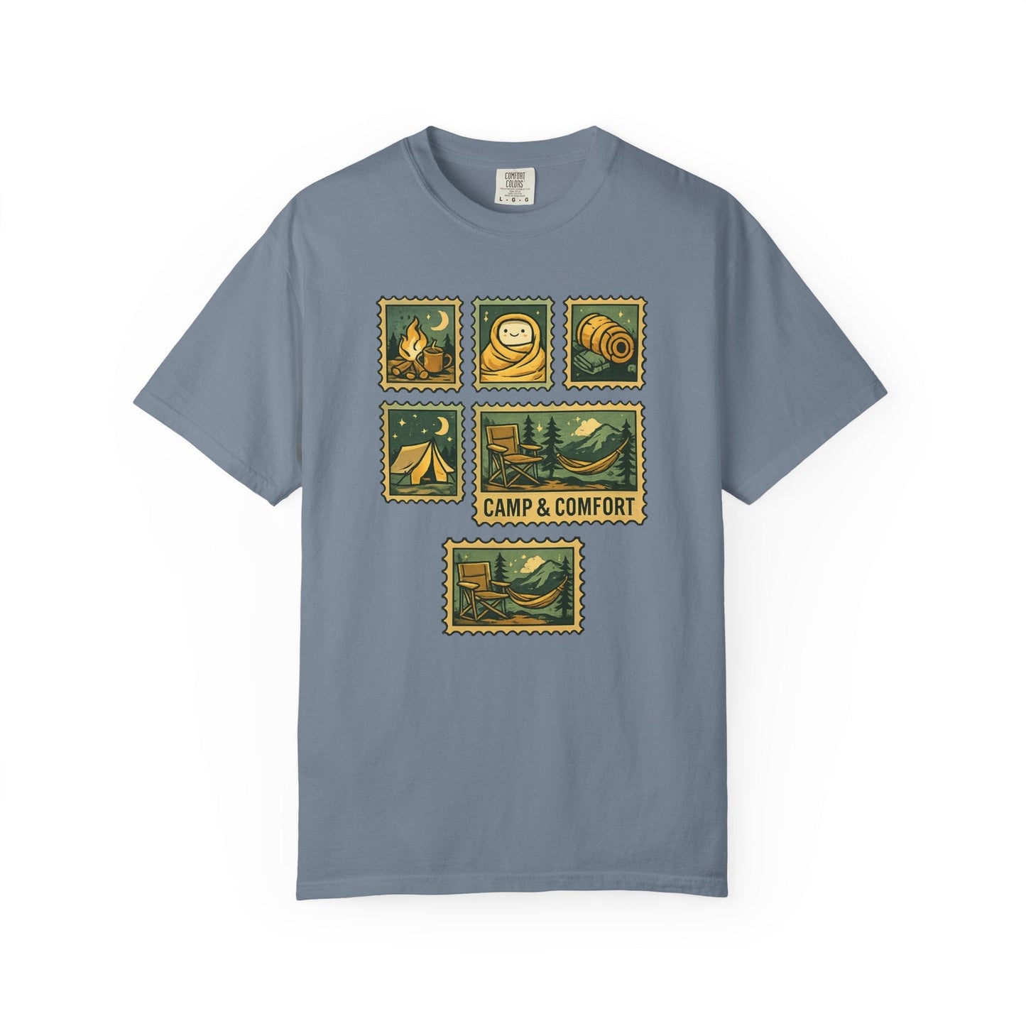 "The Camp & Comfort camping stamps T-Shirt Vintage Outdoors Design featuring a collection of retro-style camping stamps on a high-quality cotton tee."