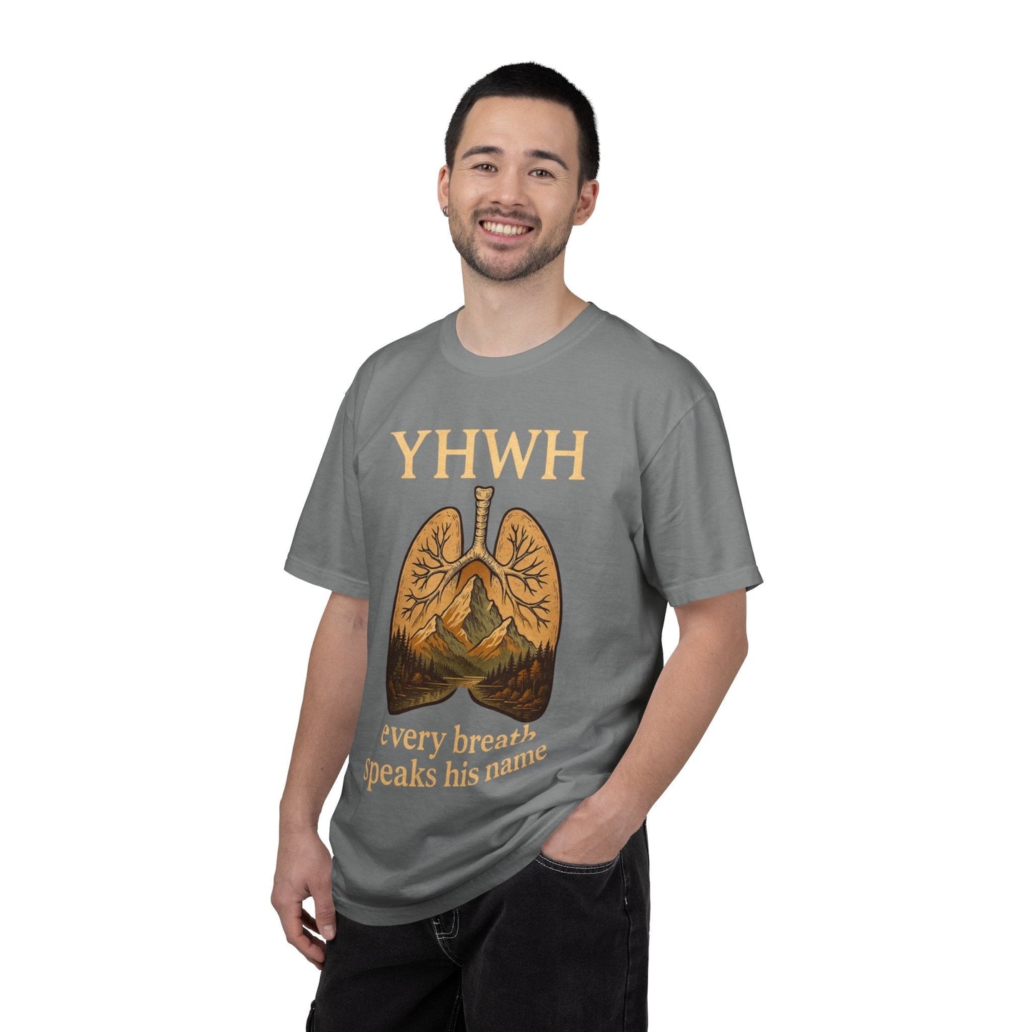 YHWH lungs illustration tee with mountain design and faith message on soft cotton shirt