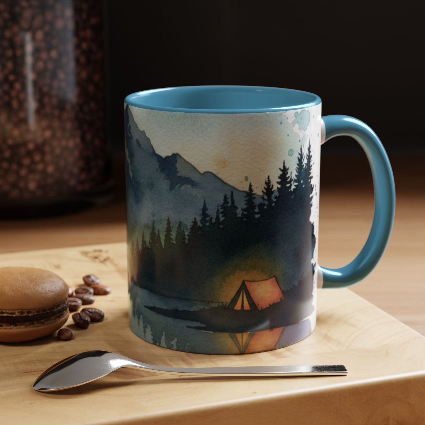 Mountain Lake Camping Accent Coffee Mug — Watercolor Outdoors Travel Mug (11/15oz)