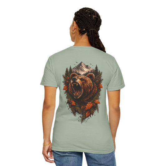 Camp Comfort Bear T-Shirt with roaring bear and mountain graphic on vintage garment-dyed heavyweight cotton tee