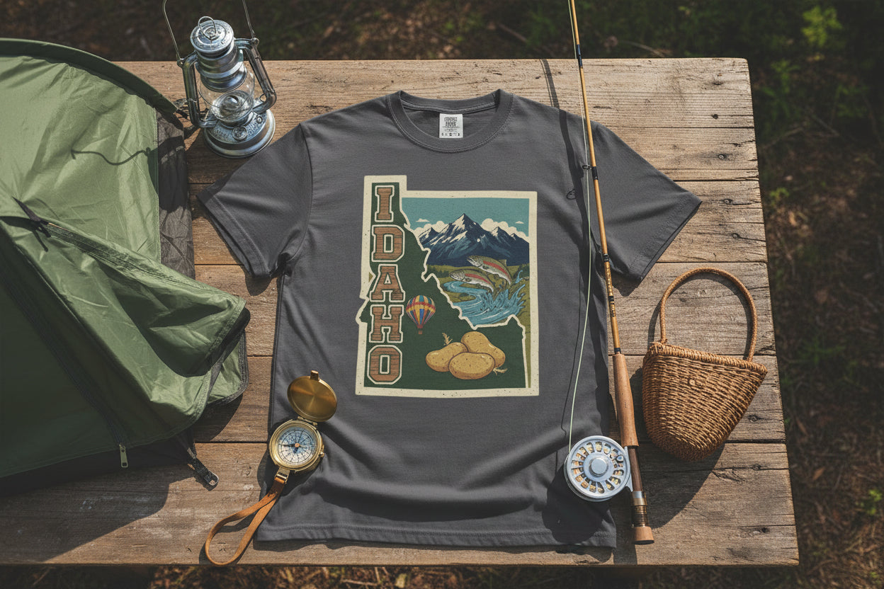 Idaho State Tee featuring a minimalist scenic mountain and potato graphic. A premium heather grey travel t-shirt from Camp & Comfort for Idaho explorers.