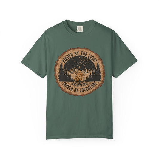 "The Guided by the Light Adventure T-Shirt Vintage Style featuring a retro mountain and lantern graphic on high-quality fabric."