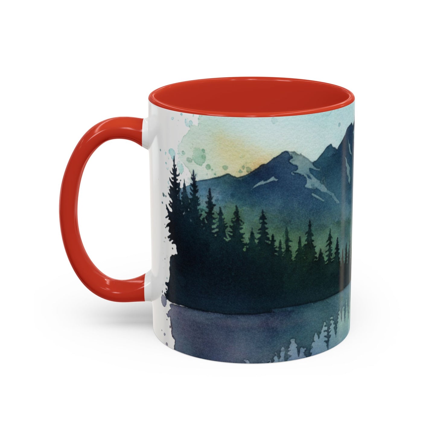 Mountain Lake Camping Accent Coffee Mug — Watercolor Outdoors Travel Mug (11/15oz)