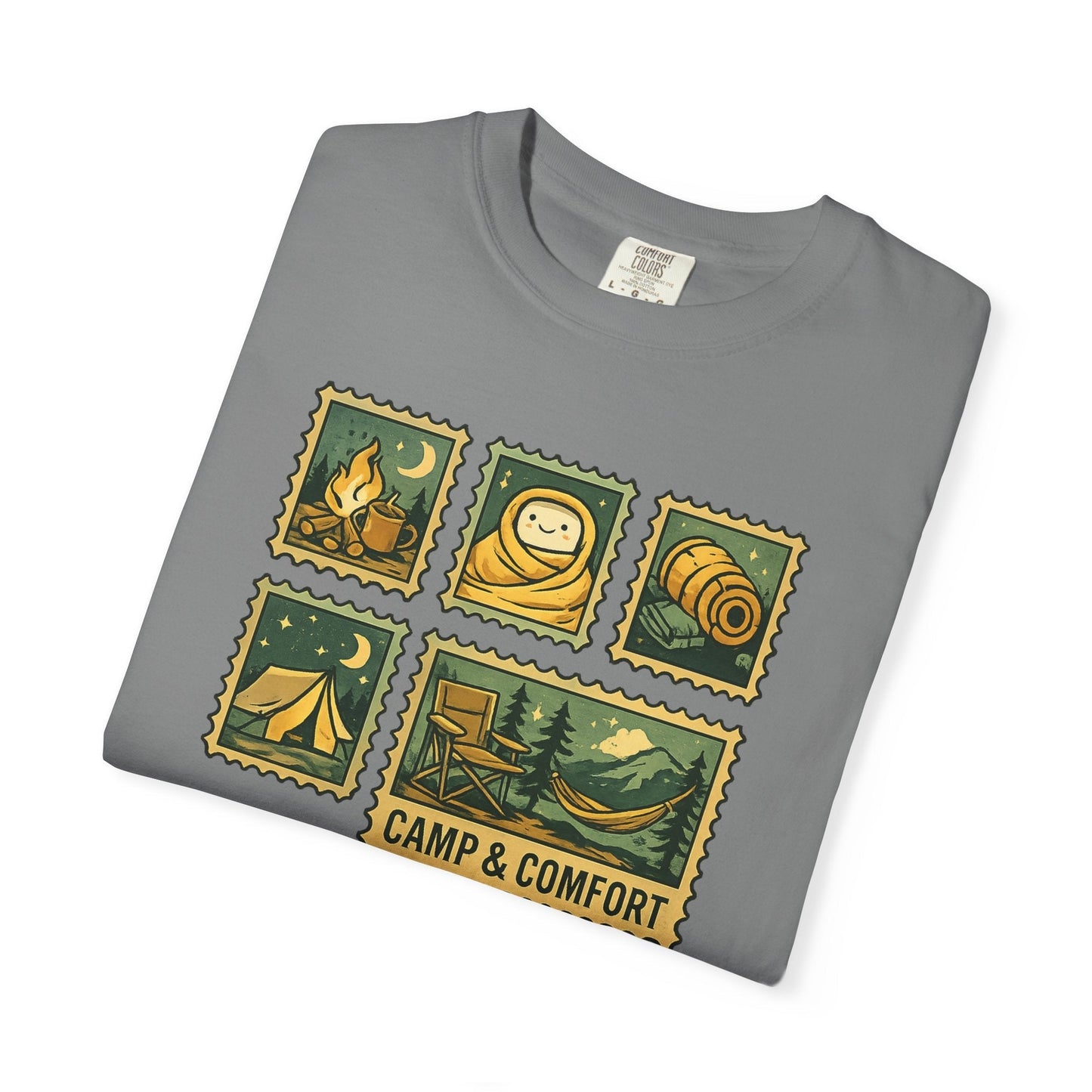 "The Camp & Comfort camping stamps T-Shirt Vintage Outdoors Design featuring a collection of retro-style camping stamps on a high-quality cotton tee."