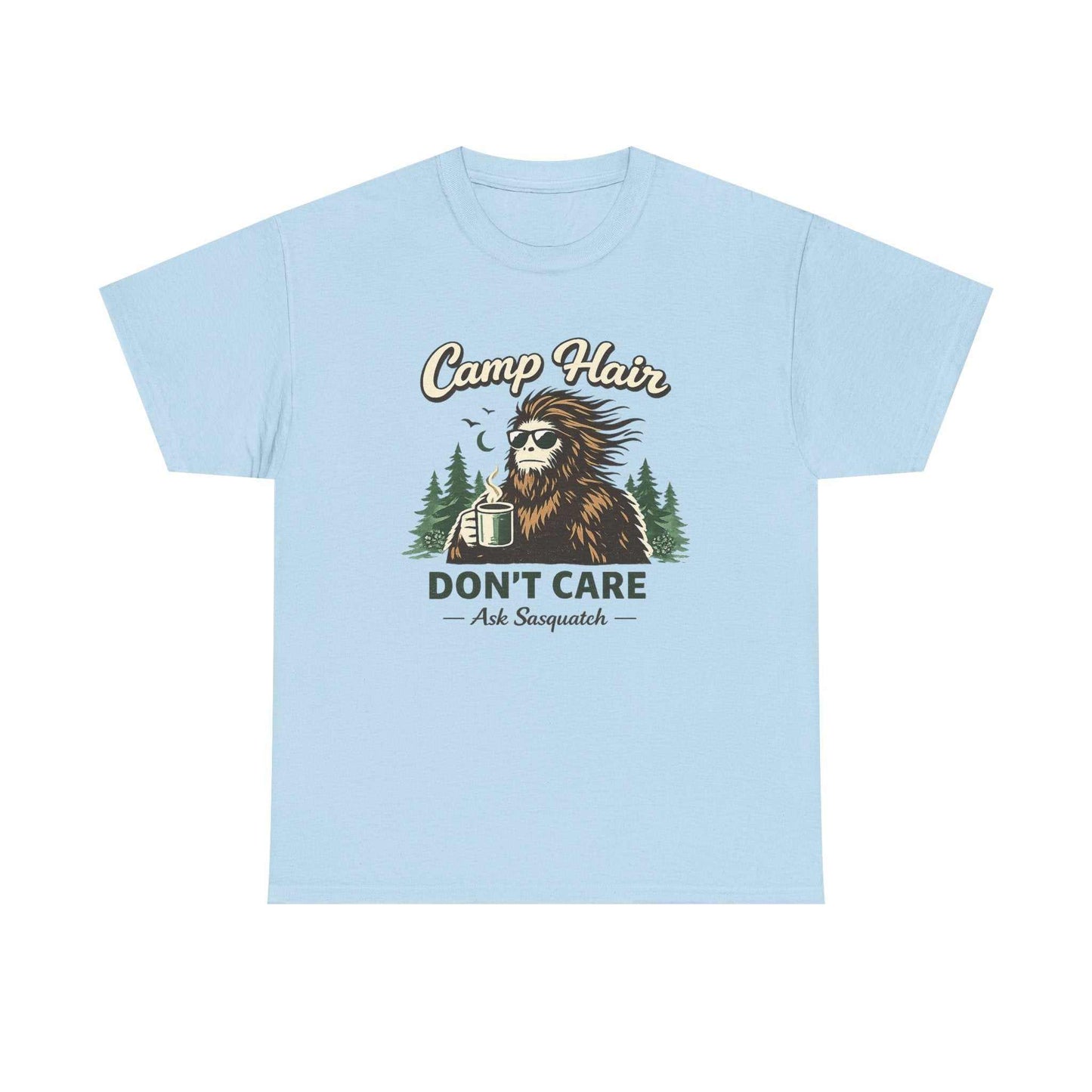 Camp Hair Don't Care t-shirt with Bigfoot woodsman design and pine trees on natural cotton tee