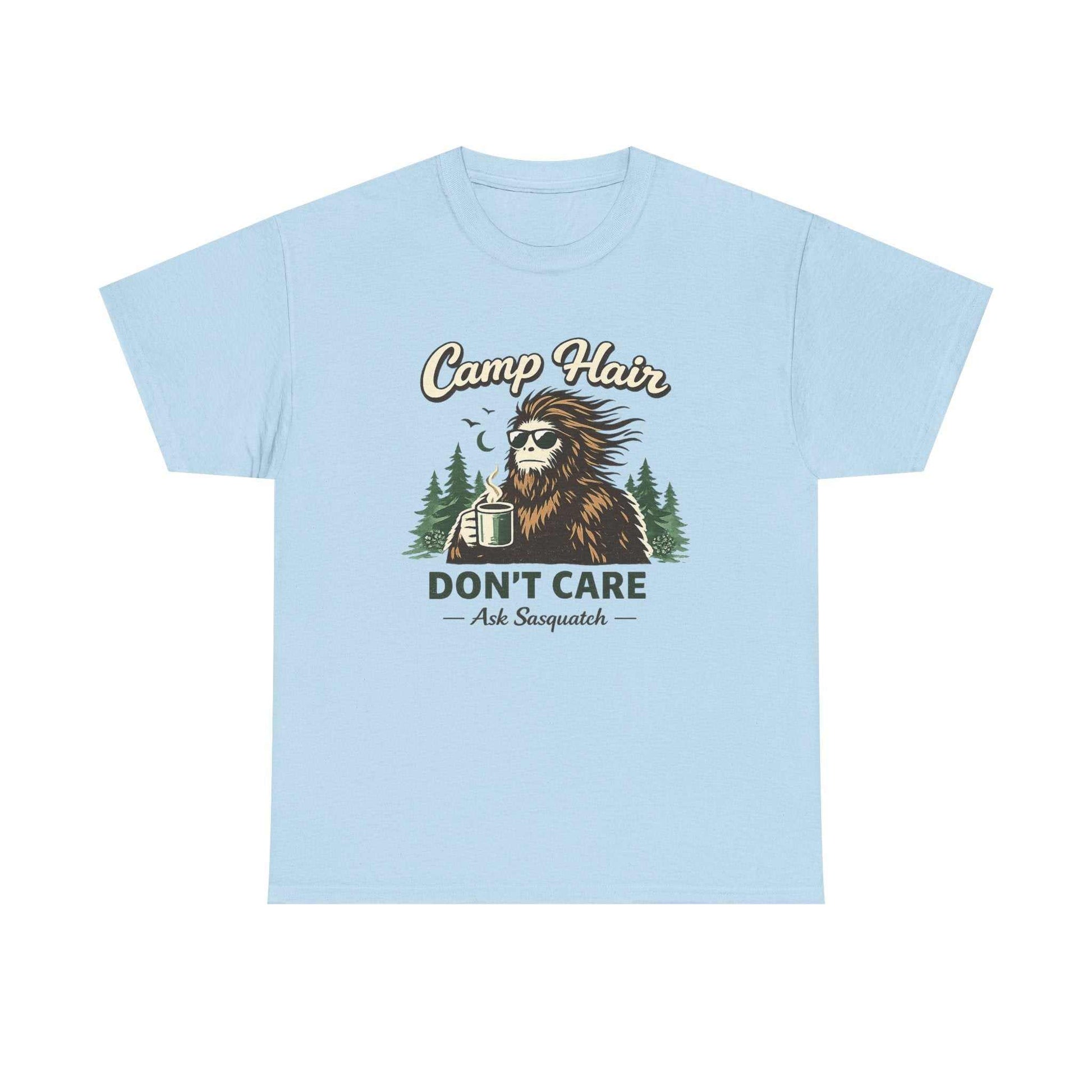 Camp Hair Don't Care t-shirt with Bigfoot woodsman design and pine trees on natural cotton tee