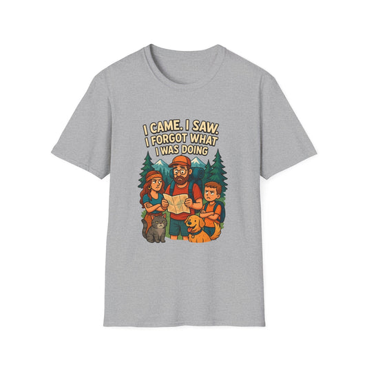 Outdoor Adventure T-Shirt with humorous "I Came, I Saw, I Forgot What I Was Doing" design on unisex softstyle fabric