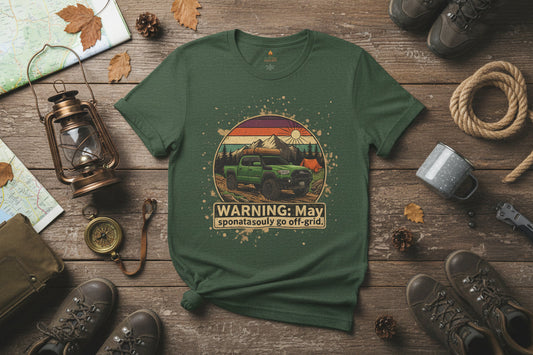 Warning May Spontaneously Go Off Grid Tee with rugged 4Runner silhouette for adventurous trail runs