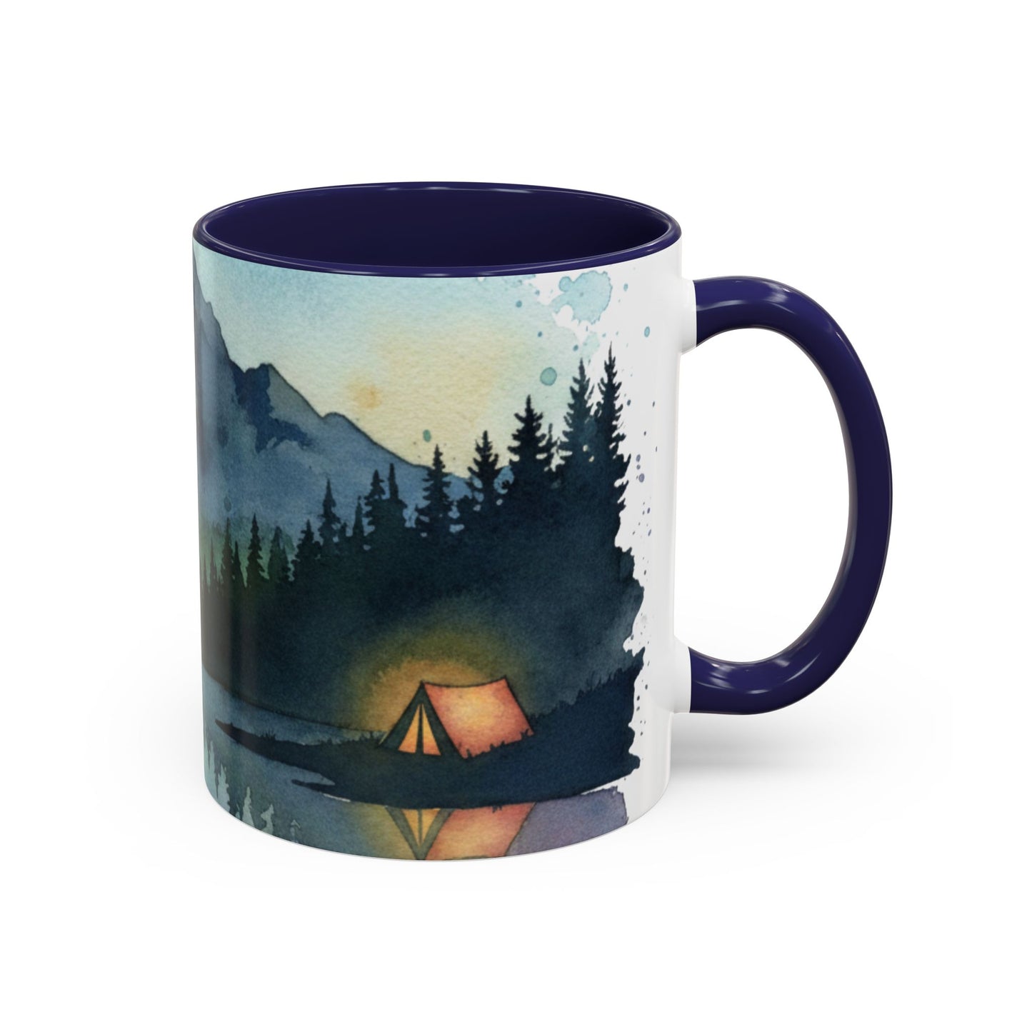 Mountain Lake Camping Accent Coffee Mug — Watercolor Outdoors Travel Mug (11/15oz)