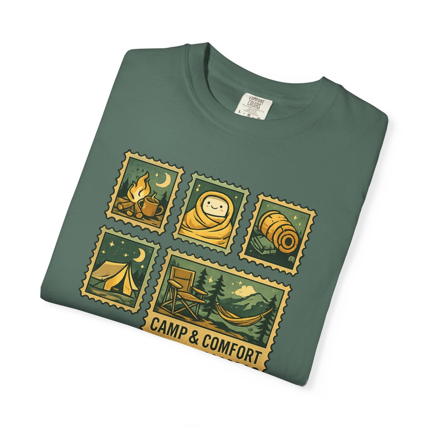 "The Camp & Comfort camping stamps T-Shirt Vintage Outdoors Design featuring a collection of retro-style camping stamps on a high-quality cotton tee."
