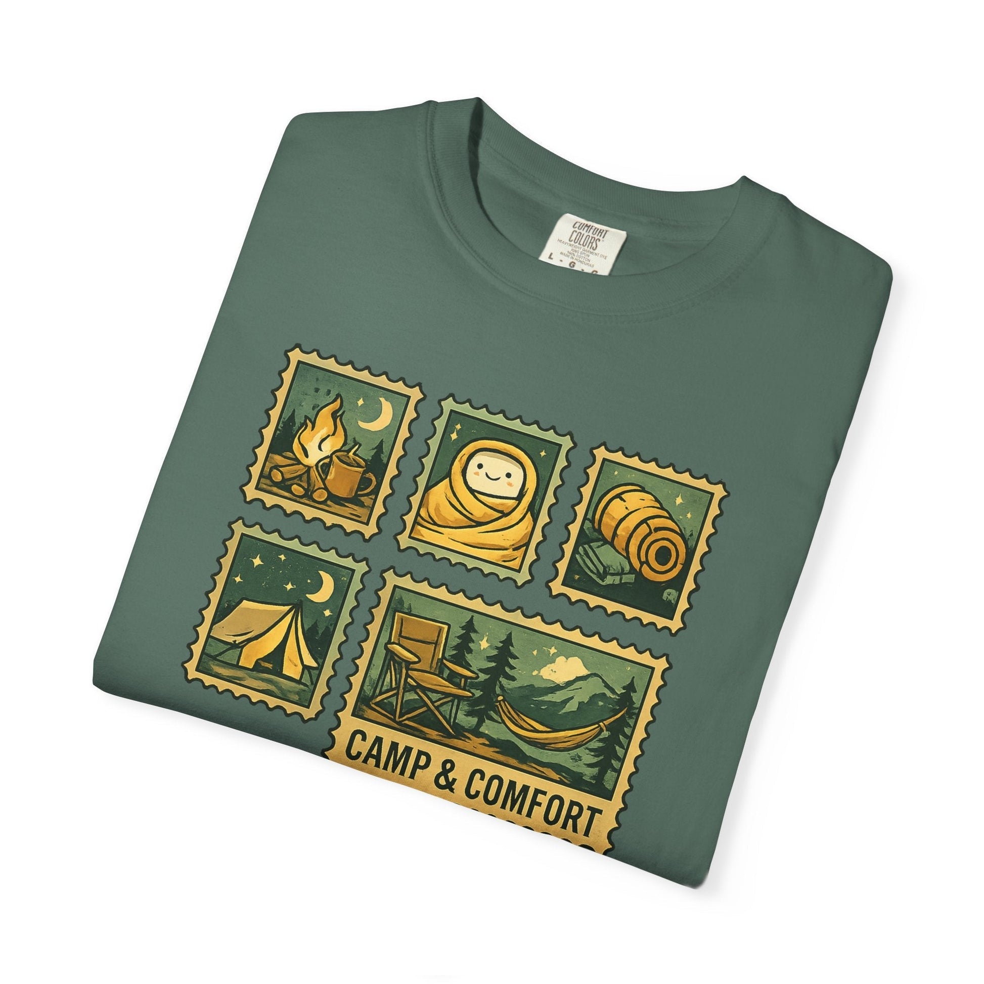 "The Camp & Comfort camping stamps T-Shirt Vintage Outdoors Design featuring a collection of retro-style camping stamps on a high-quality cotton tee."