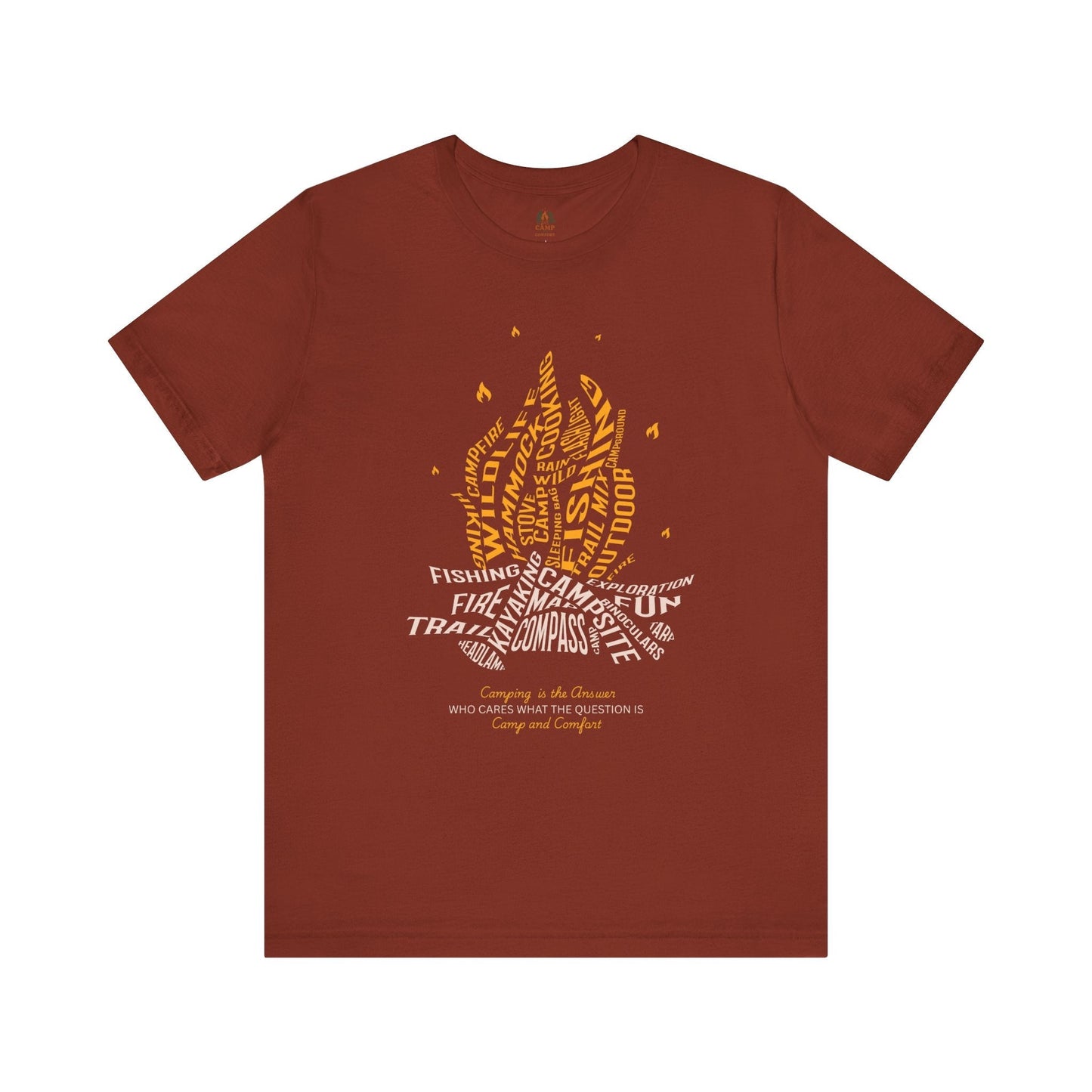 Unisex Warmth of Adventure Tee featuring cozy fire dance design, breathable cotton, perfect outdoor enthusiast gift and casual campfire wear