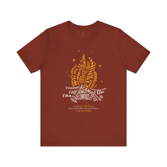 Unisex Warmth of Adventure Tee featuring cozy fire dance design, breathable cotton, perfect outdoor enthusiast gift and casual campfire wear