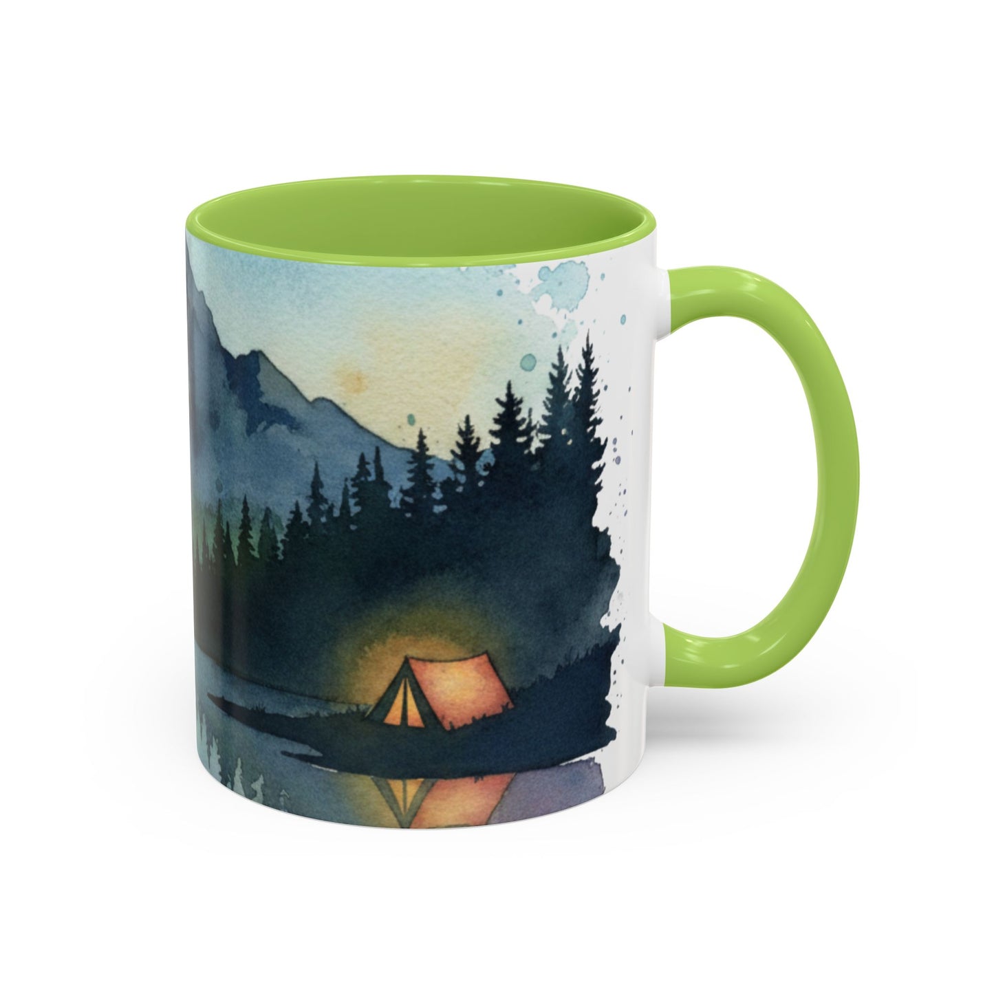 Mountain Lake Camping Accent Coffee Mug — Watercolor Outdoors Travel Mug (11/15oz)
