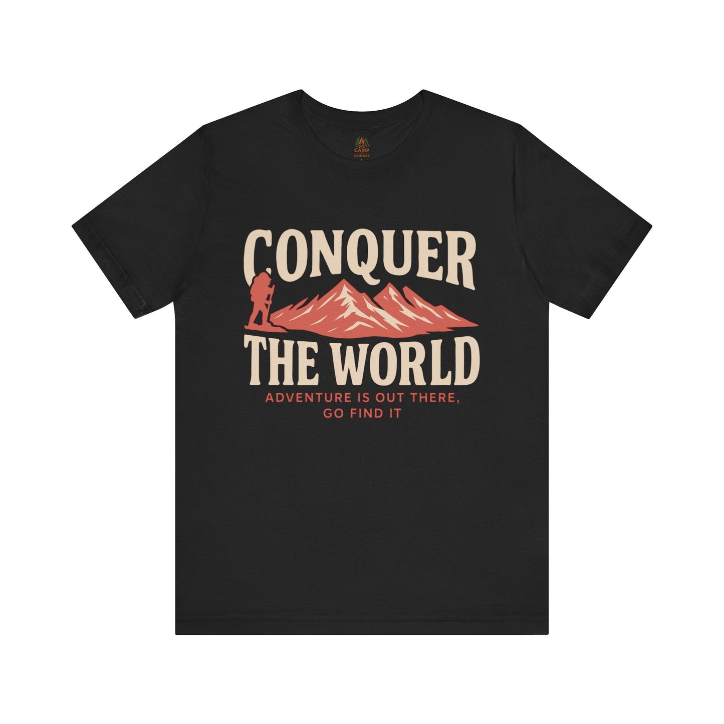 Adventure Seeker Tee unisex short sleeve shirt with "Conquer the World" graphic for outdoor lovers and travel enthusiasts