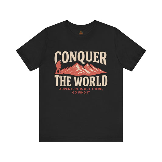 Adventure Seeker Tee unisex short sleeve shirt with "Conquer the World" graphic for outdoor lovers and travel enthusiasts